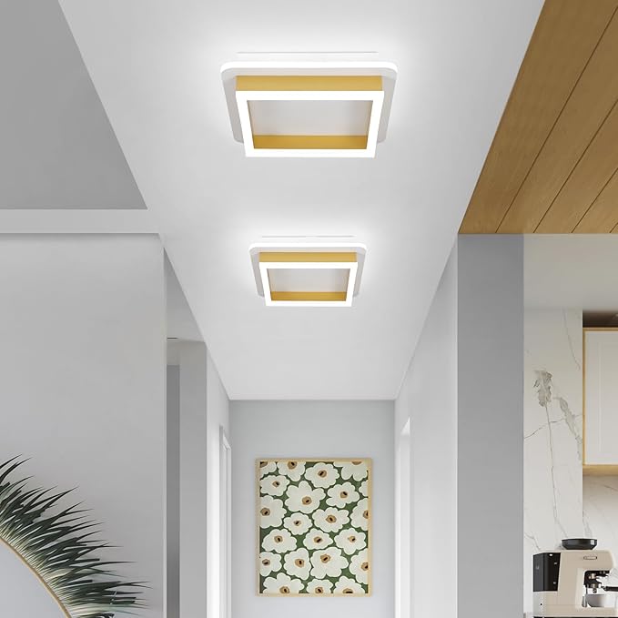 CANEOE 3 Packs Square Flush Mount Ceiling Light, 6000K Black Modern LED Ceiling Light Fixture, Minimalist Hallway Lighting Fixture Ceiling Lamp for Hallway Entryway Bedroom Balcony (Gold)