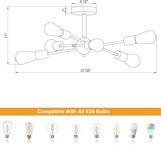 Modern Semi Flush Mount Ceiling Light Fixture Black and Gold Close to Ceiling Light 6-Light Sputnik Chandelier Light Fixture for Hallway Entryway Bedroom Kitchen Dining Room UL Listed