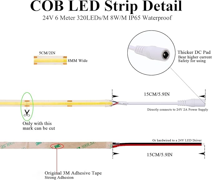 JOYLIT 12V COB LED Strip Lights 20FT/6M IP65 Waterproof 5000K Daylight White 320LEDs/M CRI 90+, Bright Uniform Spotless Dimmable Adhesive Tape Lights for Kitchen Cabinet, Counter, Shelf, Stair
