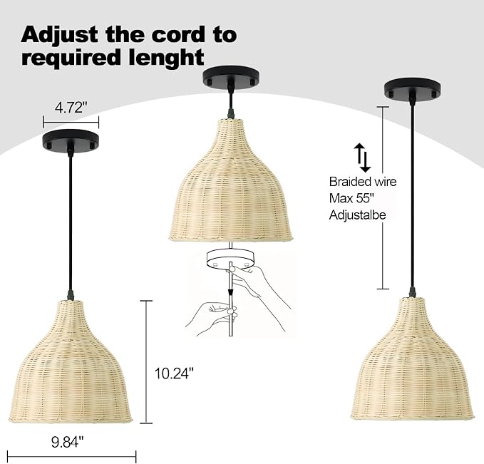 Hard Wired Rattan Pendant Lights Set of 2,Boho Wicker Chandelier with 9.84” Dome Shade, Basket Hand Woven Hanging Lamp for Coastal Kitchen Island Dining Room Living Room Bar Foyer Hallway