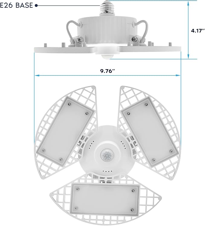 LUXRITE LED Garage Light 80W, 8000 Lumens, Deformable LED Garage Lights, 5000K, 3 Panel Garage Light, E26 Screw in Base, Adjustable Light, Damp Rated, ETL (1 Pack, White, Motion Sensor)