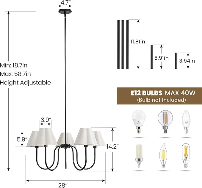 RUIYEY Gold Chandeliers for Dining Room - 28" 5-Light Modern Mid-Century Chandelier with Flower Scalloped Fabric Shades, Height Adjustable Farmhouse Pendant Ceiling Light Fixture for Bedrooms Kitchen