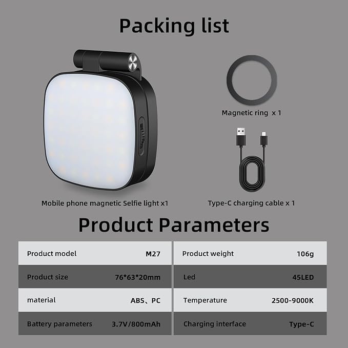 Magnetic Selfie Light Compatible for MagSafe iPhone, CRI 95+ 700lx/0.3m Folding LED Phone Fill Ring Lighting with Full Mirror for Zoom Makeup Photography Recording Video Conference TikTok (M27-Black)