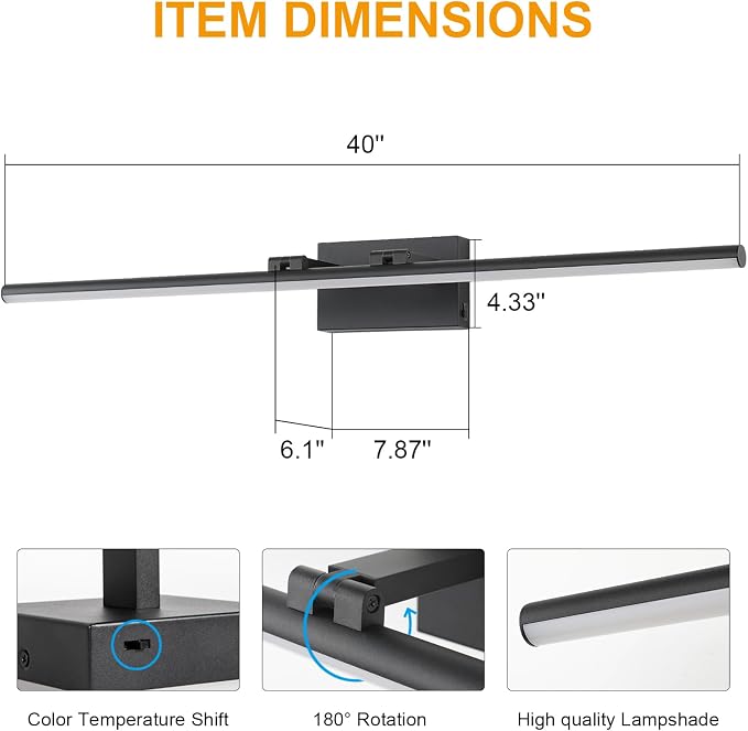 LED Bathroom Vanity Light, Modern Bathroom Light Fixture Over Mirror (3000K/4000K/6000K, Dimmable), Vanity Light Bar with Angle Adjustable, 40 Inch, Black