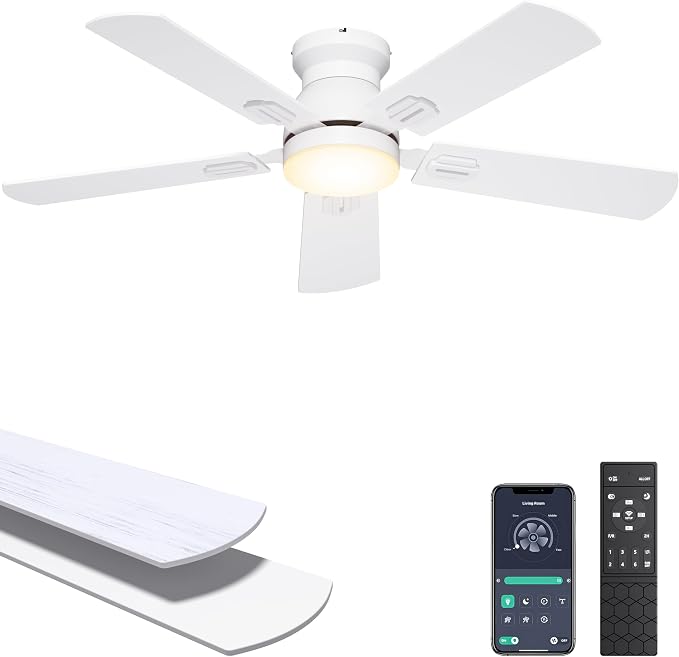 Ohniyou 42'' Low Profile Ceiling Fan with Lights, Remote/APP Control, White | Flush Mount, Dimmable 3CCT LED, Quiet DC Motor; Memory Function, 4775 CFM, Small Ceiling Fan for Indoor Bedroom Kitchen