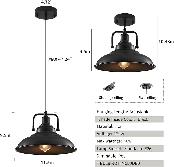 Black Pendant Light 12.5 inches 2 Packs, Farmhouse Pendant Light, Modern Pendant Lights, Kitchen Pendant Lights, Pendant Lights Kitchen Island for Dinning Room Entryway Barn