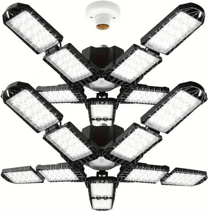 2 Packs LED Garage Light, Super Bright Screw in E26/E27 Ceiling Shop Work Lamp, 260W 26000 Lumen Deformable Basement Bulb Fixture with 10+1 Adjustable Panels, Lighting for Workshop, Attic