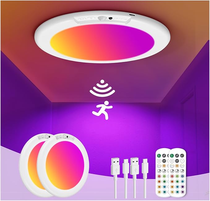 2 Pack Rechargeable Motion Sensor Ceiling Light with Remote, Wireless Battery Operated Closet Light with 13 Colors Changing, 0.55″ Magnetic Lights for Shower Bathroom Closet Hallway Pantry