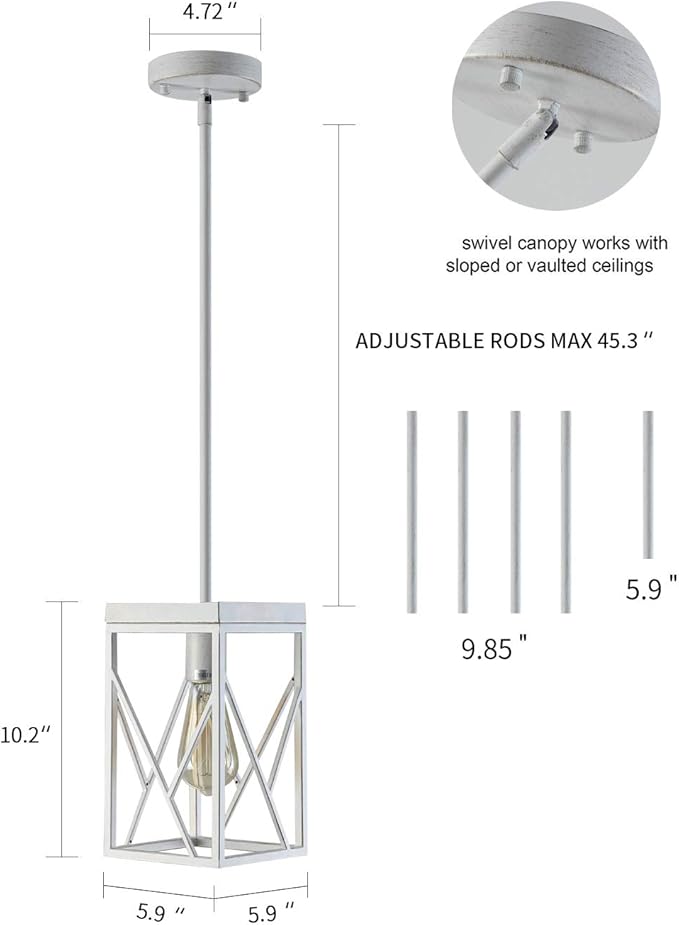 Modern Farmhouse Pendant Light with Metal Cage, One-Light Adjustable Rods Rustic Mini Pendant Lighting Fixture for Kitchen Island Cafe Bar, White with Gold