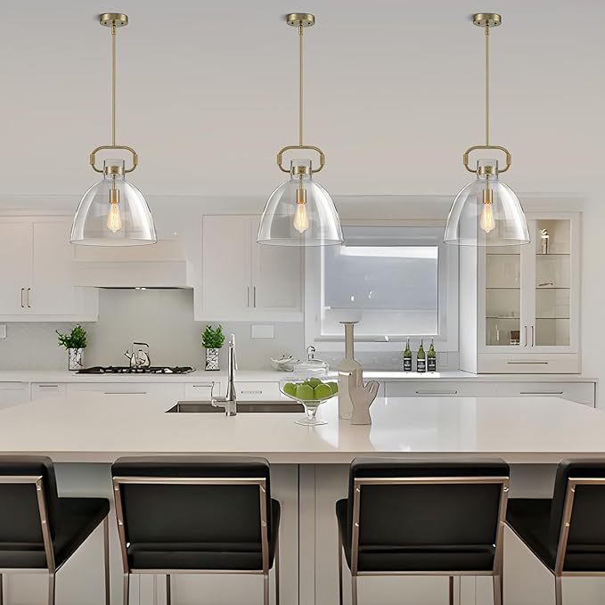 14’’ Large Pendant Lights Kitchen Island, 1-Light Modern Brass Gold Kitchen Island Lighting with Glass Shade, Adjustable Hanging Pendant Light for Dining Room Bedroom Hallway E26
