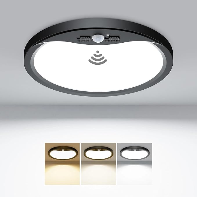 hepside Motion Sensor Ceiling Light Wired, 3000K/4000K/6500K LED Flush Mount Ceiling Light Fixture, 8.7Inch 18W Motion Sensor Light with Timer for Closet Stair Porch Hallway Pantry,Black