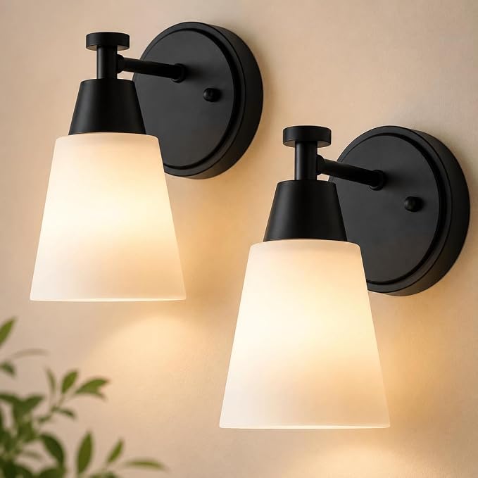Wall Light Fixtures 2 Pack, Matte Black Vanity Lights with Milk Glass Shades, Modern Farmhouse Wall Sconces for Gallery, Mirror, Bedroom, and Bathroom