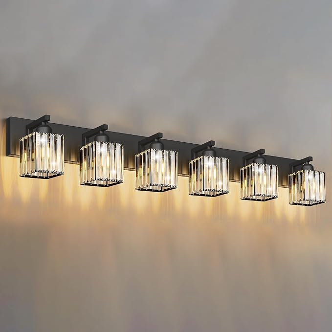Black Crystal Bathroom Vanity Light, 6-Light Modern Bathroom Lighting Fixtures Over Mirror, Matte Black Wall Sconce Light Fixtures with Square Shade