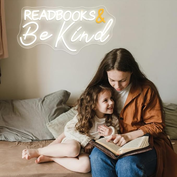 Read Books and Be Kind Neon Sign, LED Neon Light for Classroom Signs | Dimmable USB Powered Letter LED Neon Lights, 19"x9.6" Student LED Neon Light for Bookstore Library Museum Study Room Decor