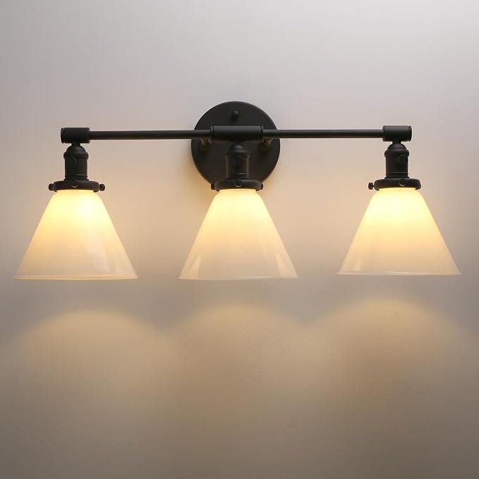 Vintage Industrial 3-Light Bathroom Vanity Light with Milk Glass lampshade – Antique Brass Wall Sconce for Over Mirror, E26 Socket, Hardwired Installation