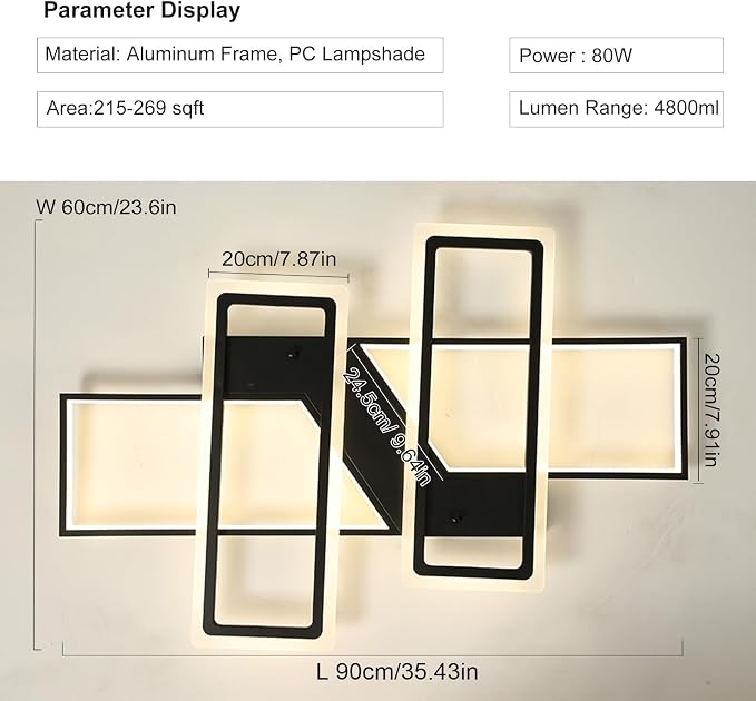 GEADI 35.4" Modern LED Ceiling Light, Dimmable Black Flush Mount Chandelier | 80W 4-Square Geometric Ceiling Lamp with Remote, 3000K-6500K Dimming, Memory, 4800 Lumens, Low Profile for Bedroom, Kitchen