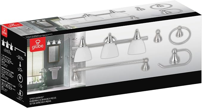 Globe Electric 50700 3-Light Vanity All-in-One Bathroom Set, 5 Piece Brushed Steel Finish, 70, Bulb Not Included
