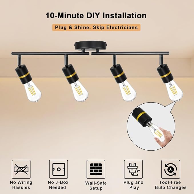 HiBay 4-Light Plug in Track Lighting, Rotatable Spotlight, Black Gold, E26 | Adjustable 4 heads ceiling fixture for kitchen dining room, plug-in cord with on/off switch, no wiring, excl bulb