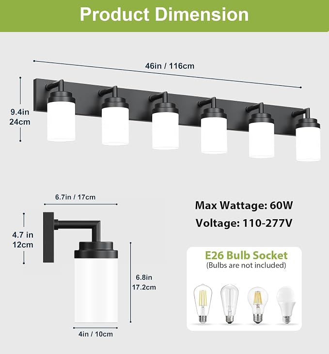 Bathroom Light Fixtures, Matte Black Bathroom Lighting Fixtures Over Mirror, Modern Vanity Light with White Glass Shade, Restroom Lighting Fixtures, 6-Light 46-inch