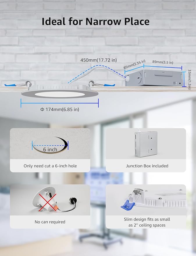 Lepro R2 AI Smart LED Recessed Lighting 6 Inch, 1050LM 12W Wafer Downlight | Alexa Enabled, RGBCW Ceiling Lights for Bedroom, APP Control, Sync Music, AI Lighting Designer, 2.4G WiFi, Bluetooth, 2-Pack