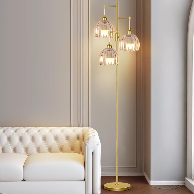 Dimmable Floor Lamps for Living Room-3 Light Gold Floor Lamp with Three Bulbs & Glass Lampshape, Mid Century Modern Standing Lamp Tree Tall Flower Floor Lamp for Bedroom Living Room,Corner