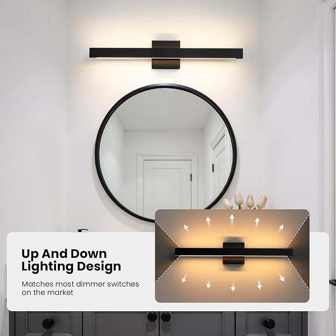 Modern Bathroom Vanity Light 24 Inch Black Bathroom Lighting Fixtures Over Mirror 20W 5CCT Dimmable LED Vanity Lights Bar for Bathroom Mirror Restroom Bedroom