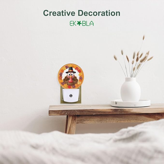 EKOBLA Autumn LED Plug-in Nightlights Turkey Maple Leaves Night Lights Plug into Wall Dusk to Dawn LED Lighting for Bedroom Bathroom Kitchen Corridor