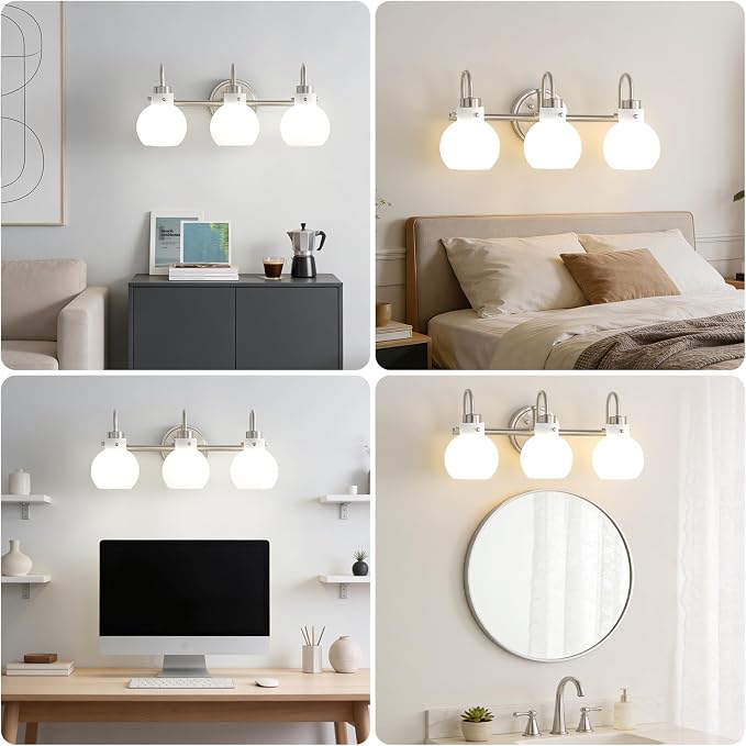 Bathroom Wall Light Fixture Brushed Nickel 3 Light Vanity Light | Wall Sconce with Milk Globe Glass Shade Bath Wall Lamp over Mirror Farmhouse Wall Mount Light for Living Room Bedroom Hallway