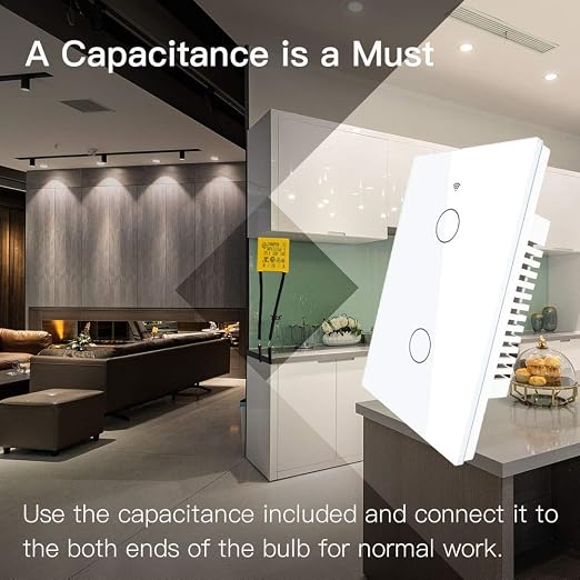 MoesGo WiFi RF433 Smart Touch Light Switch, No Neutral Wire, White 2 Gang | Single live wire design, 2.4GHz WiFi only, minimum load 5W, Smart Life Tuya app remote, works with Alexa and Google Home