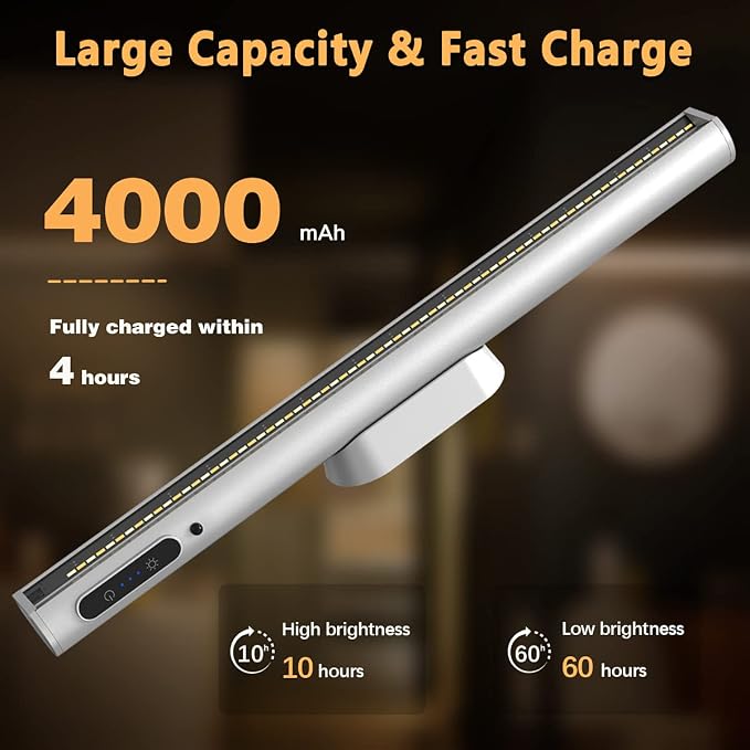 Rechargeable Magnetic LED Light Bar, 4000mAh Wireless Closet Light | Under Cabinet Lighting, Battery Powered Operated Wall Strip Light, Dimmable Lamp for Mirror Closet Picture Kitchen Silver
