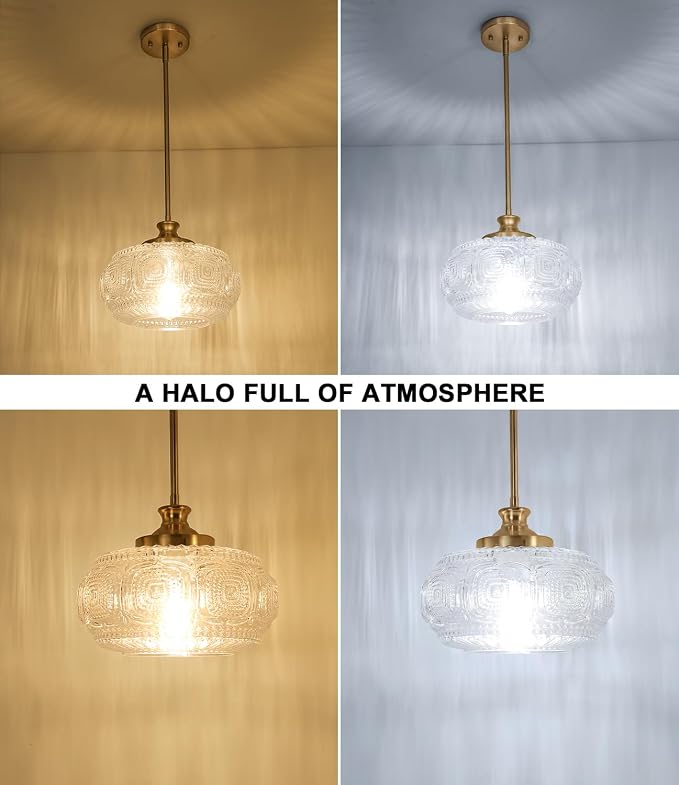 Large Gold Pendant Lights Kitchen Island, Flush Ceiling Light | 12 inch, Clear Glass Shade, Vintage Pendant Light, Adjustable Hanging Light for Kitchen Island Bedroom Hallway Bathroom