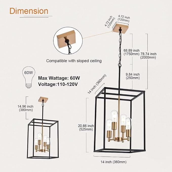 Retro 4 Light Large Farmhouse Chandelier Rustic Dining Room Lighting Fixtures Hanging in Black and Brushed Brass Finish Metal Square Cage Pendant Lighting for Kitchen Island