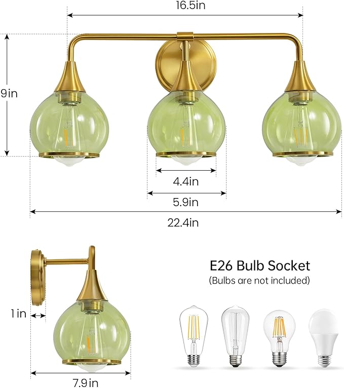 Brushed Gold Bathroom Vanity Light 3-Lights Bathroom Light Fixtures Over Mirror with Green Clear Glass Shade 22.4 inch Wall Sconce Lighting Bath(Exclude E26 Bulb)
