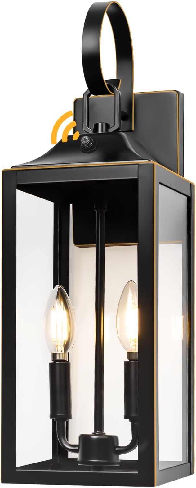 19" Dusk to Dawn Outdoor Lighting, Waterproof Large Outdoor Wall Lights | Modern Exterior Lighting Fixtures 2-Light with Clear Glass, Outdoor Porch Lights Wall Mount, Black with Gold Trim, 1-Pack