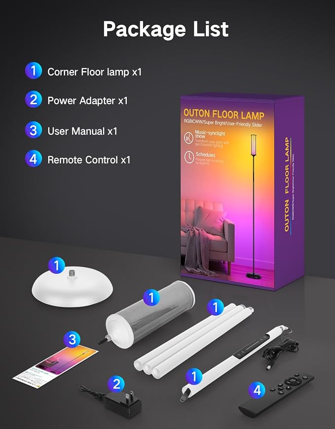 OUTON Corner Floor Lamp with Remote, Touch & App Control, RGB Color Changing Standing Lamp with 32 Modes, 360 Lighting, 3 Color Temperatures, Dimmable 66 in Tall Lamp for Living Room,White Glass