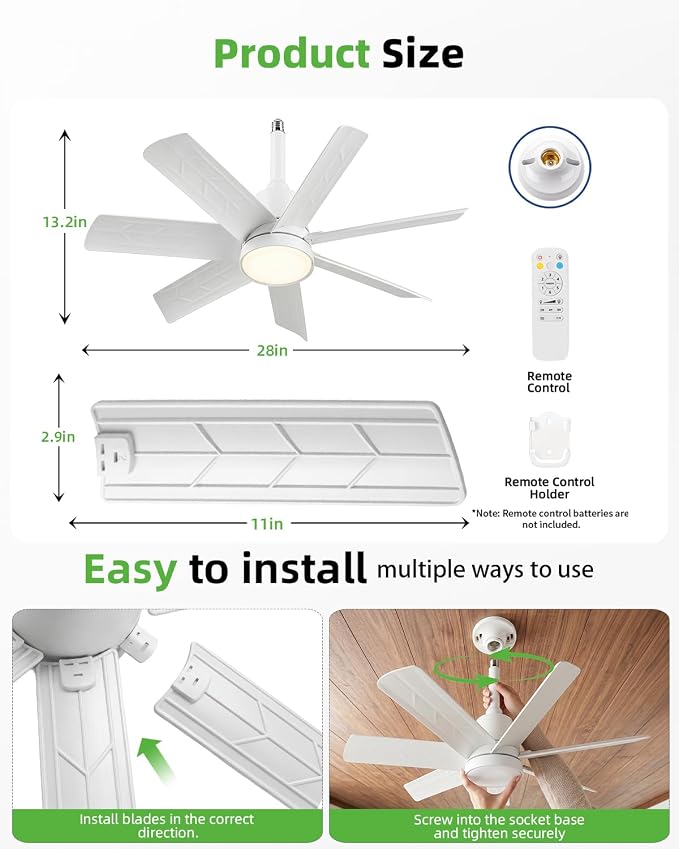 28 Inch Socket Fan Light with Remote Control, Screw in E26/E27 Ceiling Fan with LED Light, 3000-6000K Dimmable Color Temp, 6 Speeds, Timer, for Bedroom Kitchen Living Room Garage, White