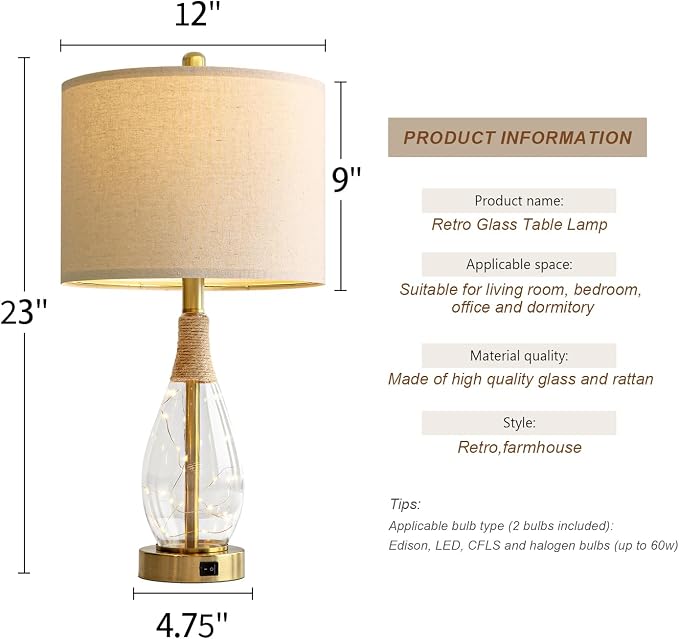 23" Table Lamps for Living Room Set of 2 Bedside Lamps for Night Stands Bedroom Lamps Farmhouse Rattan Boho Lamp Glass Nightlight End Table Lamp with USB C+A (Gold),Two Light Points