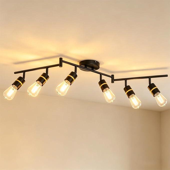HiBay 6-Light Track Lighting, Rotatable Ceiling Spotlight, Black Gold, E26 | 6 heads for a living room or open space, adjustable black-gold design aims light where needed, E26 base for your own bulbs