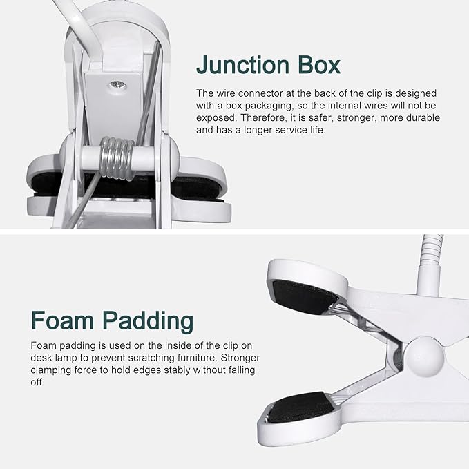 Desk Clip Lamp Holder, 240CM Cord Clip Desk Lamp Socket E26 E27 Clamp Light Socket with 9mm Thick Metal Tube Clip Reading Lamp for Office Clip On Grow Lights for Home Lighting, White(No Bulb)