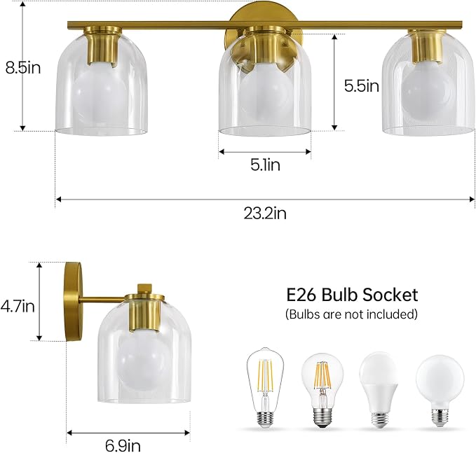 WOSHITU Bathroom Vanity Light Fixtures: 23.3 Inch Modern Brushed Gold Bathroom Light Fixtures Over Mirror with Clear Glass Shade, 3-Light Bathroom Lights Above Mirror
