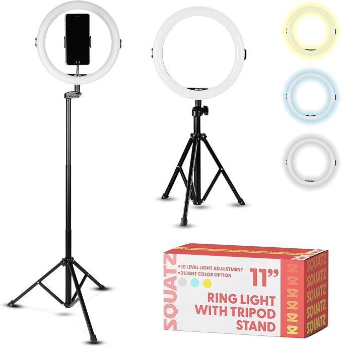11" Selfie Ring Light with 61" Tripod Stand, LED Ring Light with Phone Holder, Wired Control USB, 10 Brightness Levels, 3 Color Modes, Adjustable for Video Recording, Zoom Meetings, and YouTube