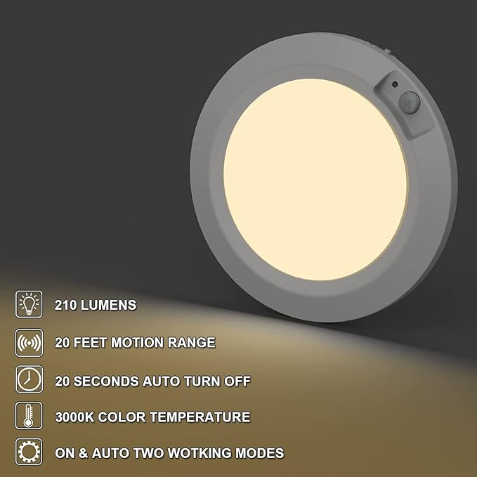 Motion Sensor Battery Operated LED Lights Indoor 210LM 3000K for Closet, Stair, Laundryroom, Stairwell, Hallway, Shed, Kitchen Cabinet - Warm White (2 Pack)