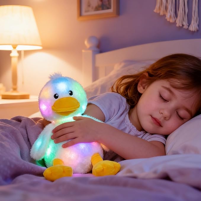 Hopearl LED Plush Duck Lighting Up Stuffed Duckling Farm Animal Floppy Night Lights Glow in The Dark Birthday Gifts for Kids Toddler Girls, White, 12''