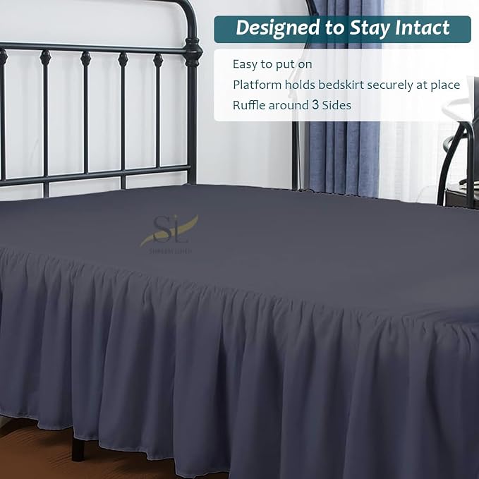 Shreem Linen Ruffled Bed Skirt with Split Corners, Gathered Style, 100% Microfiber, 18-Inch Drop, Dust Ruffle Bedskirt with Platform, Full, Dark Grey