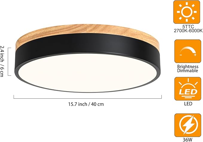 Yiisem Dimmable Wood LED Flush Mount Ceiling Light, Black, 15.8 in | 5CCT 2700K-6000K Modern Close to Ceiling Lighting Fixtures, Round Ceiling Lamp for Living Room, Bedroom, Laundry Room