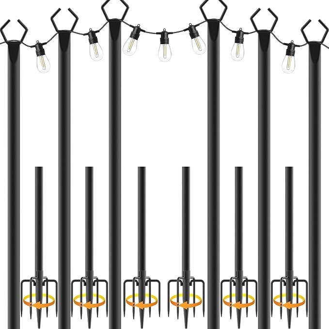 AILBTON 10Ft Exterior Light Poles 6 Pack, Durable Metal String Light Posts for Outdoor Use, Equipped with Fixed Brackets for Yard, Terrace, and Garden Lighting Decor and Backyard