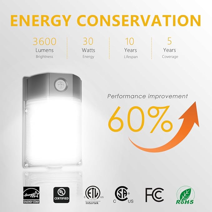 30W LED Wall Pack Light with Dusk to Dawn Photocell, 3600LM, 5000K | 120Vac LED Porch Lights, IP65 Waterproof Outdoor Security Lighting for Garage Warehouse Patio, ETL Certified, 6 Pack