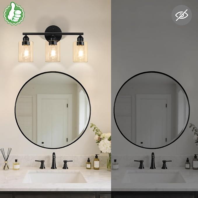 3-Light Bathroom Vanity Light Fixture, Black with Clear Amber Glass,17.3'' | Modern Wall Lamp, For Mirror
