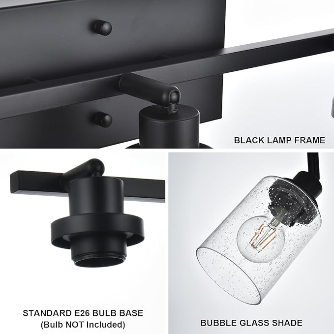 2-Light Black Track Lighting Kit Ceiling Mount Kitchen Track Lighting Fixtures, Bathroom Ceiling Tracking Vanity Light with Bubble Seeded Glass Shade & Rotatable Tracking Heads for Accent Shop