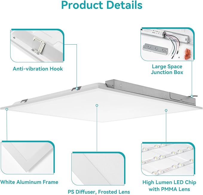 2x2 LED Flat Panel Light for Drop Ceiling 16 Pack | 0-10V Dimmable, 30W/40W/50W Selectable, 4CCT 3000K/4000K/5000K/6000K, Up to 5500LM, ETL Listed, 100-277V